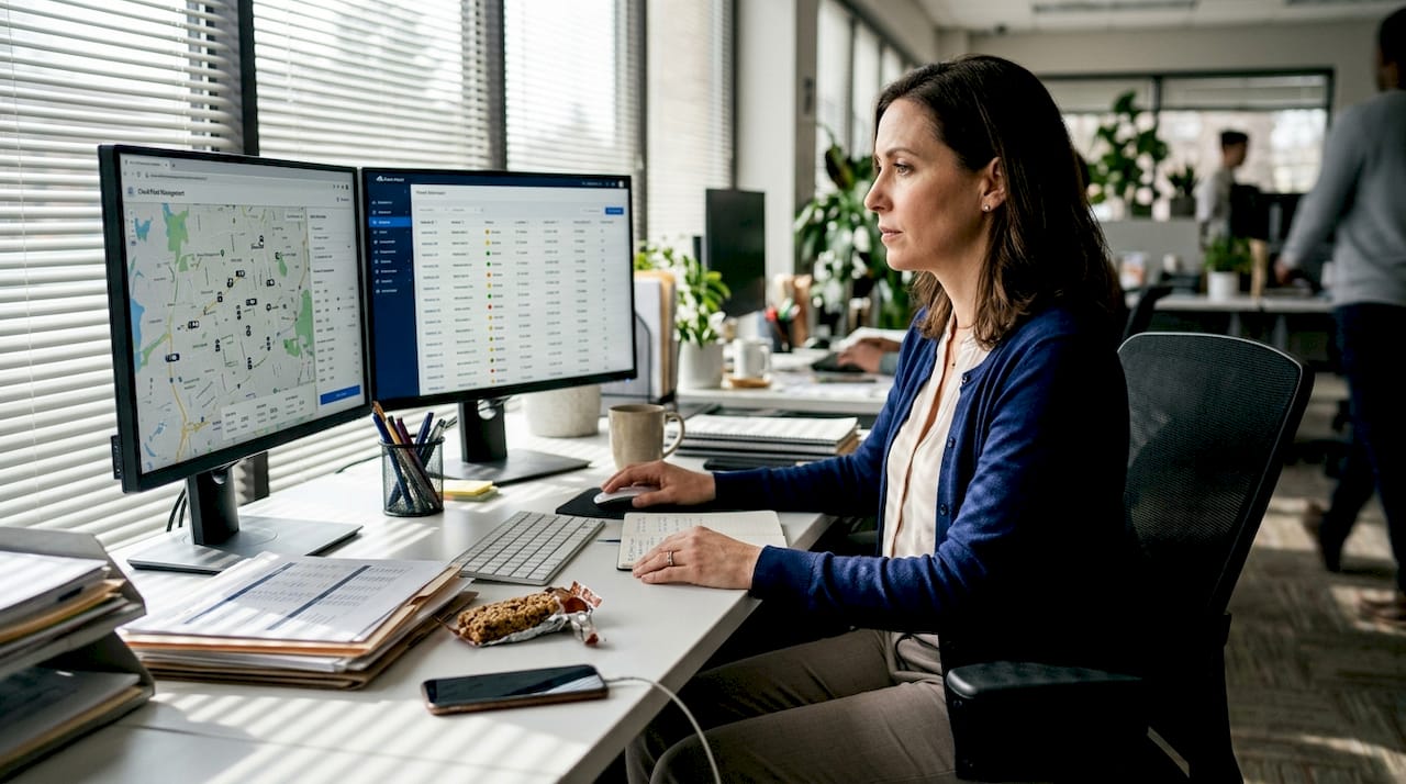 Coordinator reviews fleet status on dual monitors