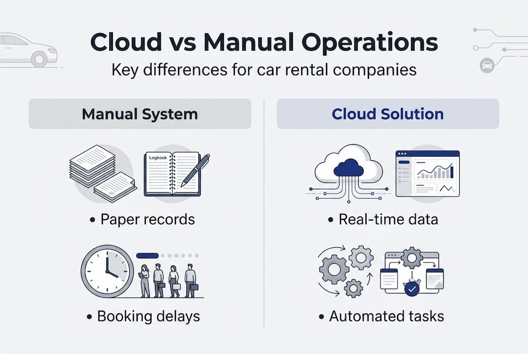 Infographic comparing manual and cloud car rental systems