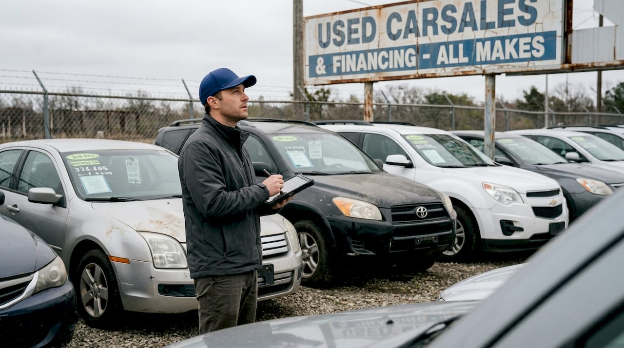 Analyst inspecting rental cars at used lot for value