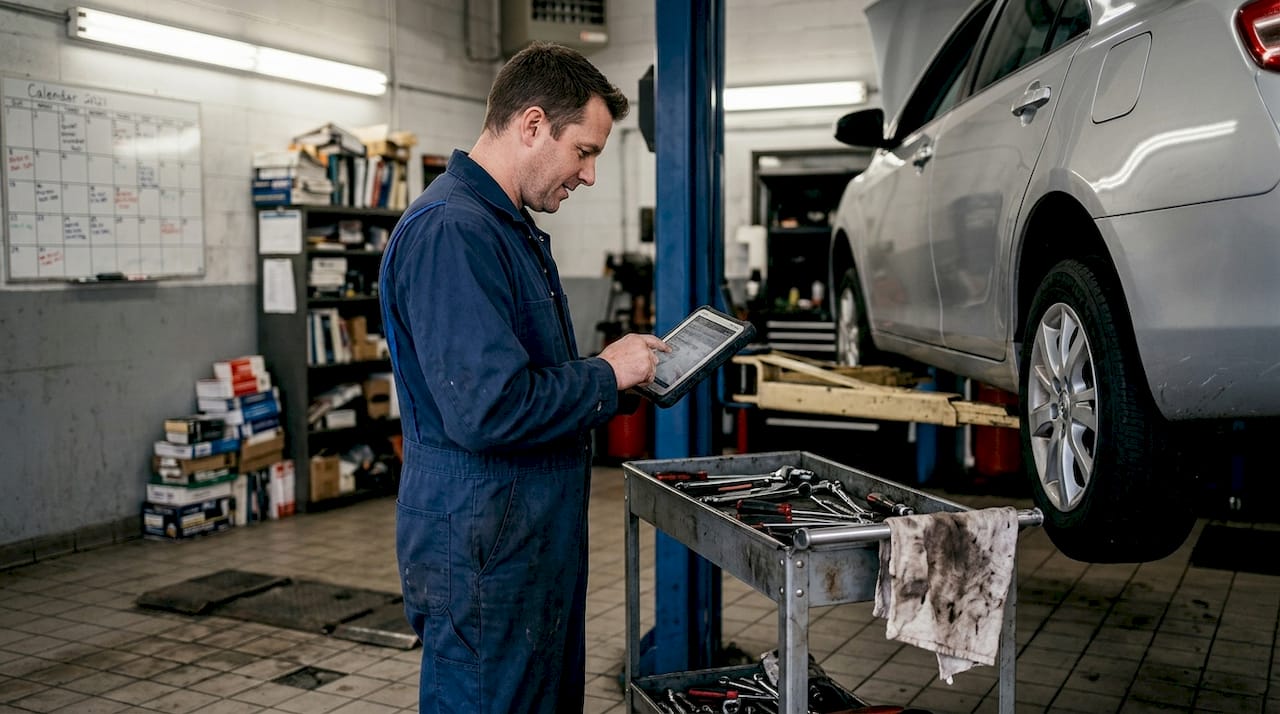 Mechanic checks predictive maintenance tablet garage