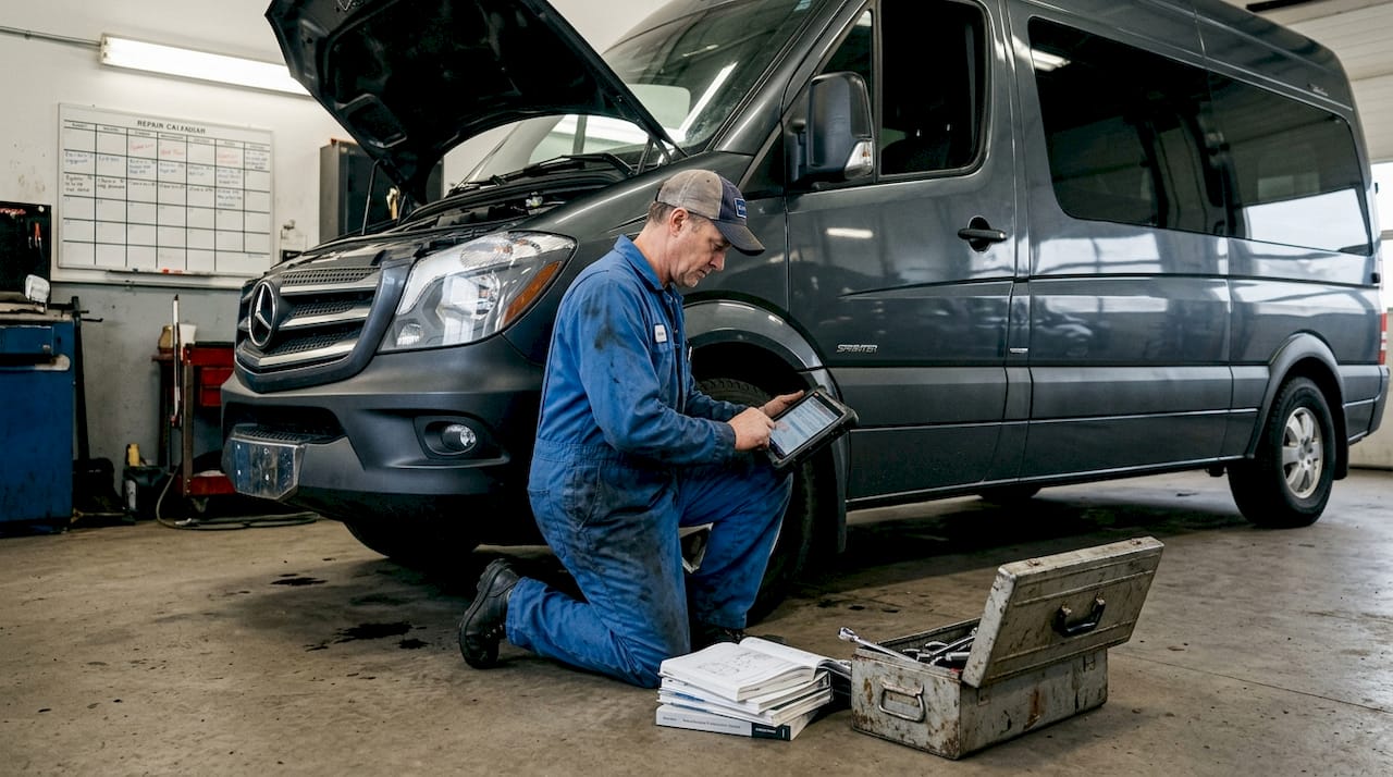 Mechanic diagnosing specialty rental van maintenance