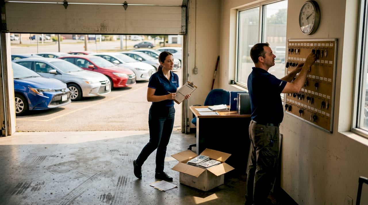 Staff coordinating vehicles in rental agency garage