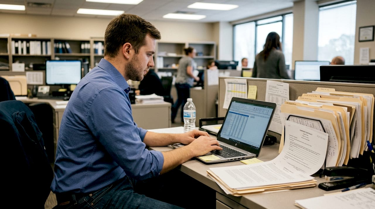 Admin entering contract data at workstation