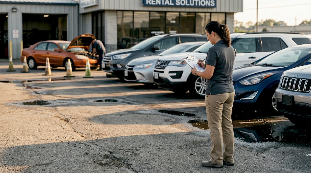 Fleet manager inspects rental cars on lot