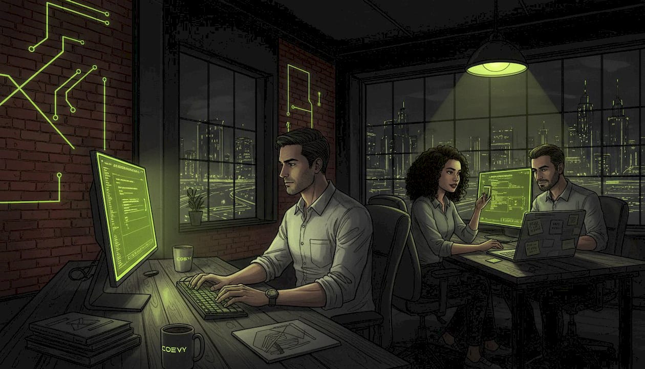 Software team reviewing AI suggestions at adjacent desks