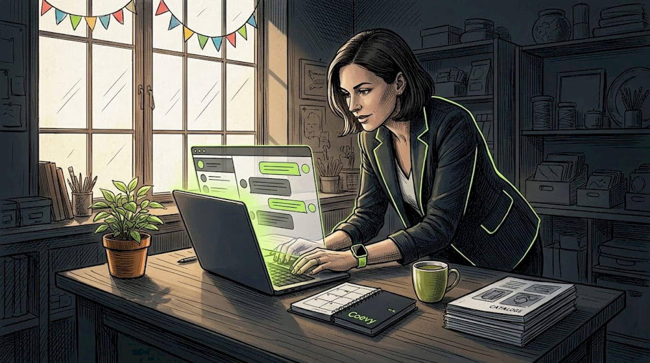 Shop owner using chatbot at cluttered desk