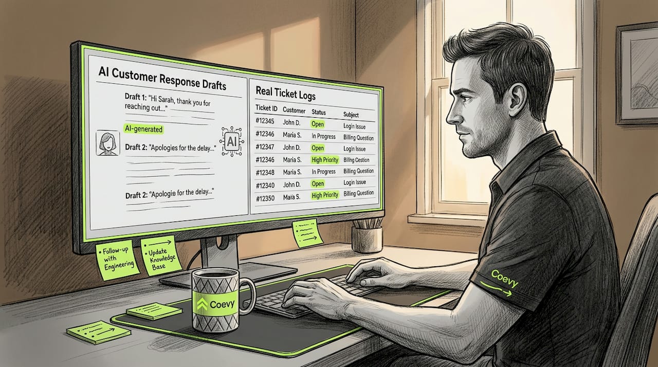 Manager reviews AI support responses at desk