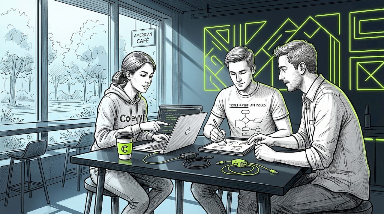 Developers collaborating in tech workspace