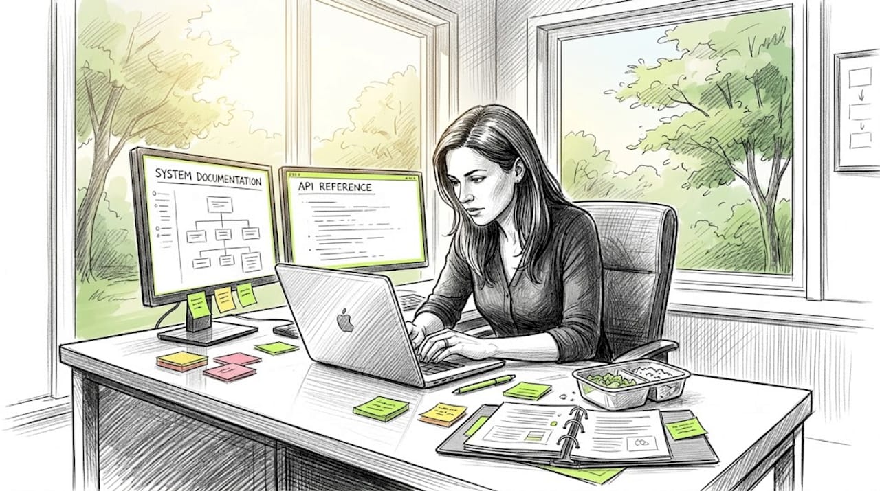 Engineer handling outdated documentation clutter
