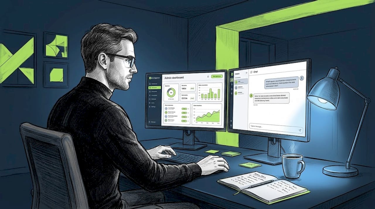 Man integrates AI agent on multitasking desktop