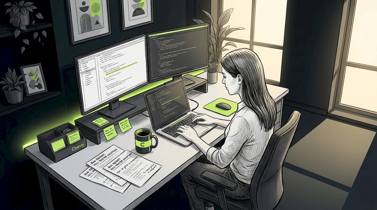 Developer reviewing code and bug reports at desk