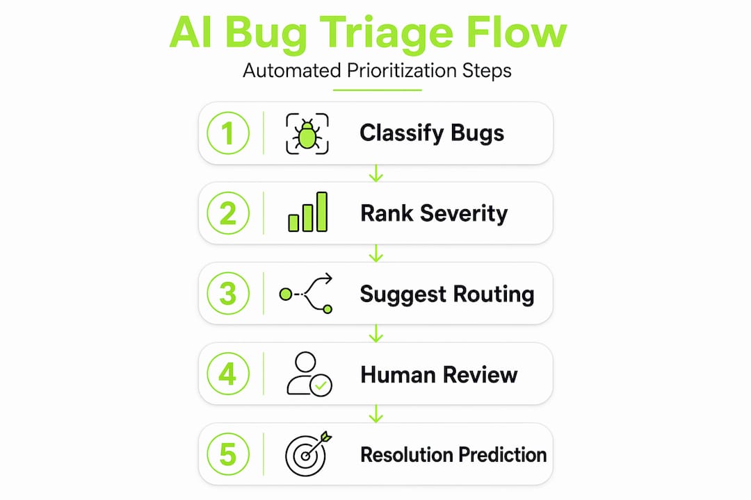 Vertical workflow infographic steps for AI bug prioritization