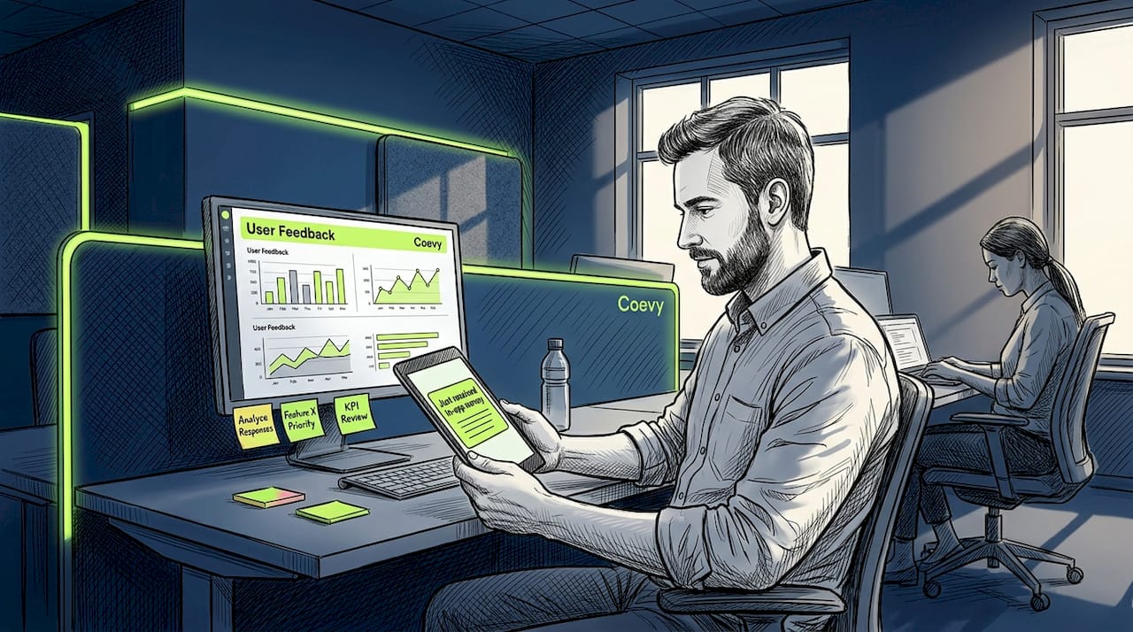 Product manager reads tablet with in-app survey