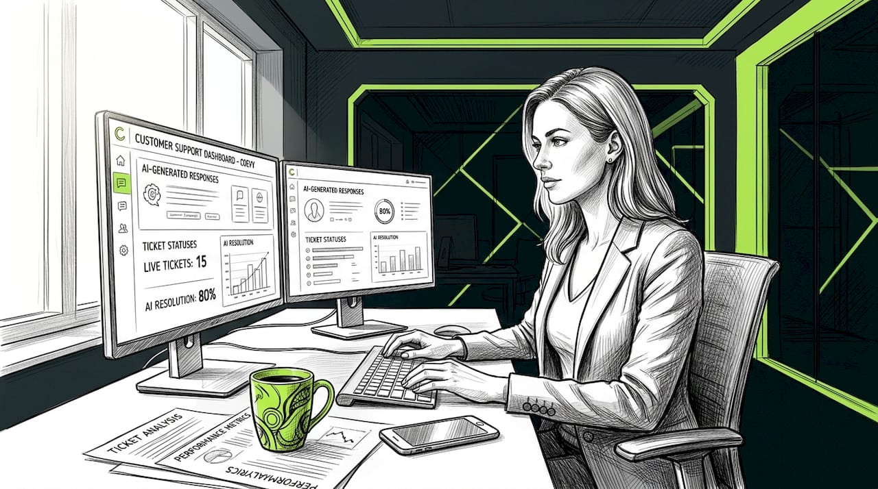 Woman monitoring AI-powered customer support dashboard