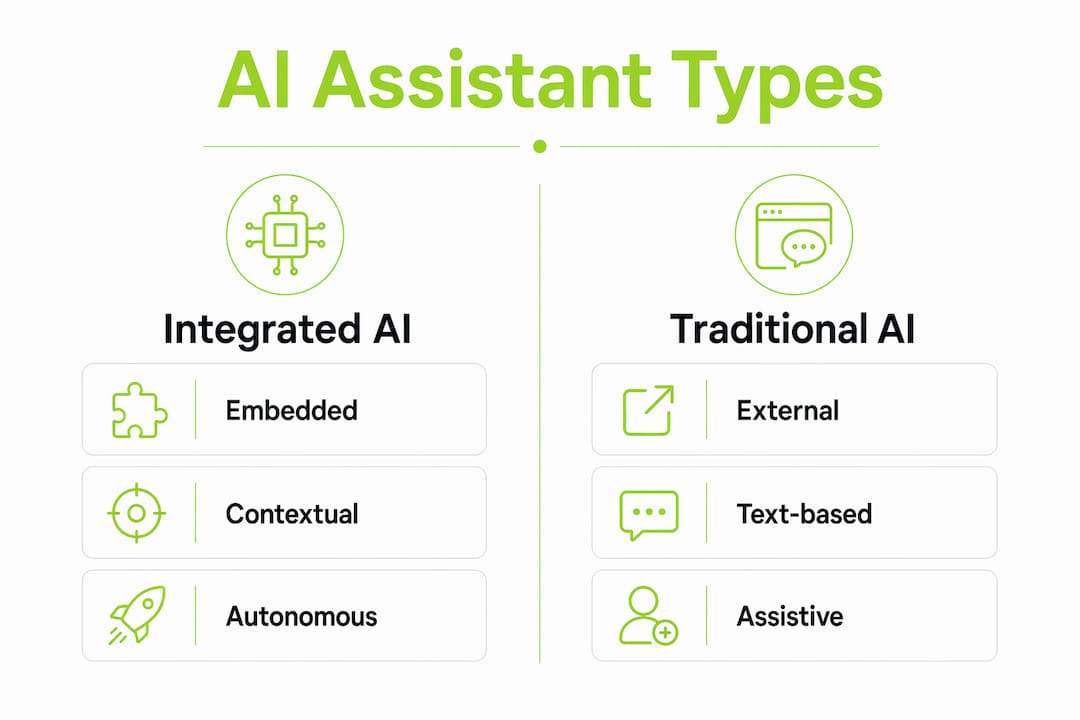 Infographic comparing integrated AI assistants and traditional AI coding tools