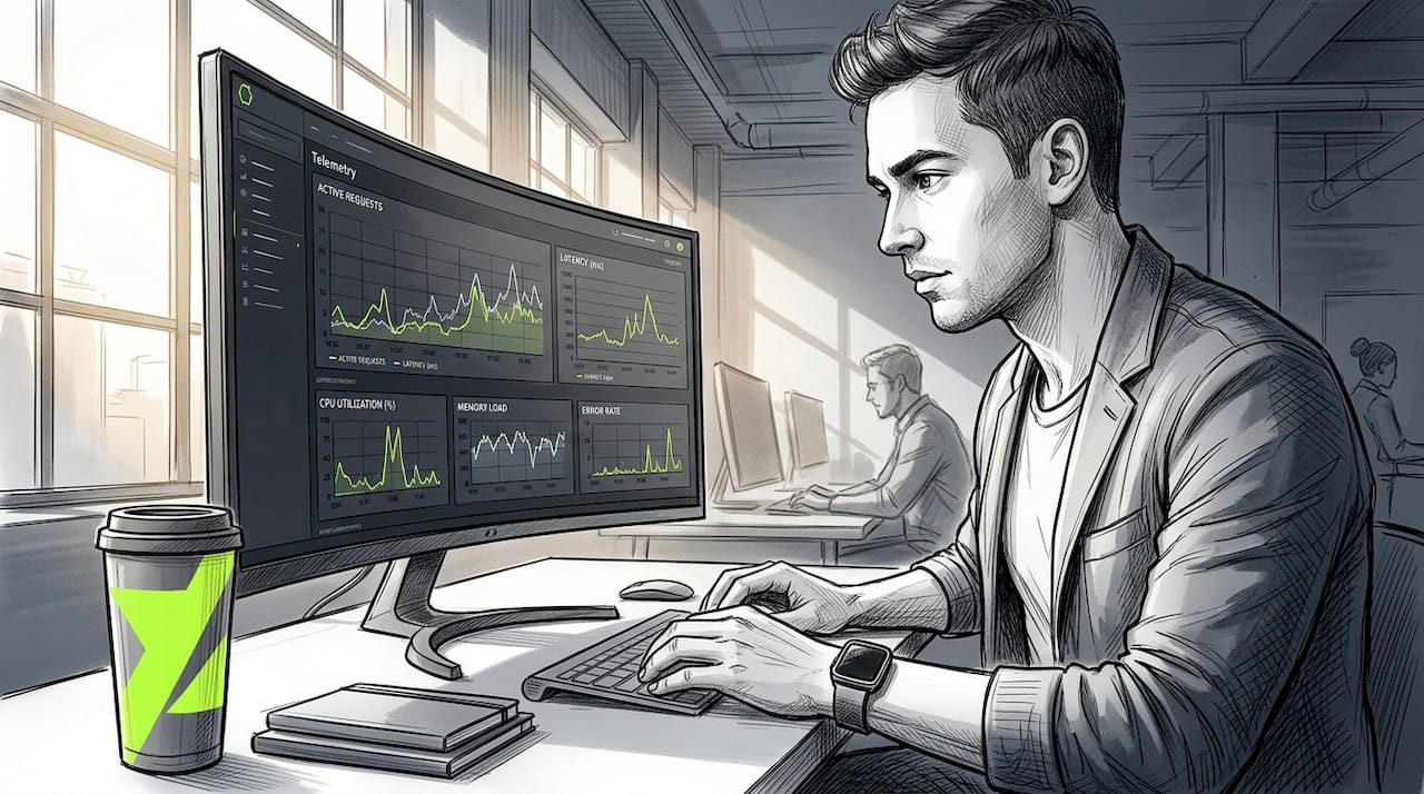 Developer examining telemetry data logs at desk