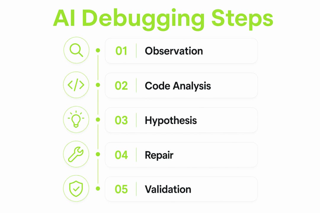Infographic showing AI debugging process steps