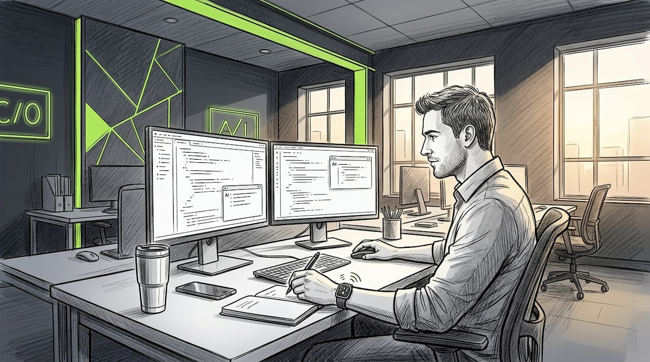 Developer using AI coding assistance at desk