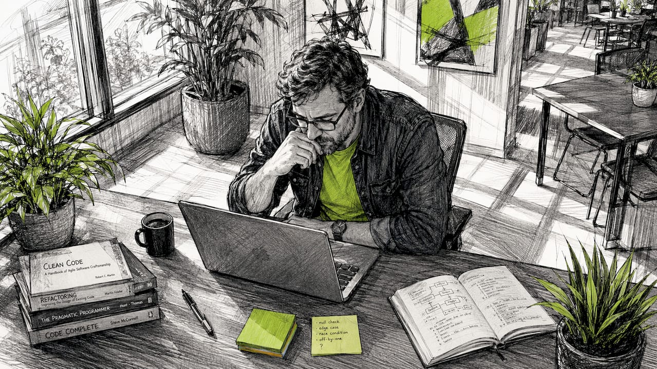 Developer working on code debugging at desk