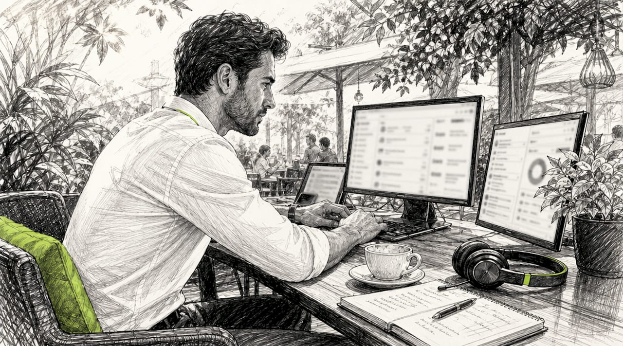 Support agent reviewing AI ticket workflow at desk