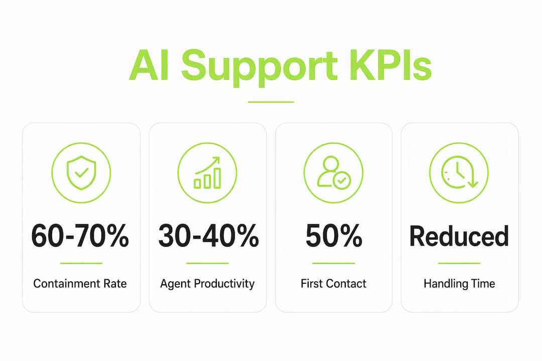 Infographic showing key AI support KPIs and impact metrics