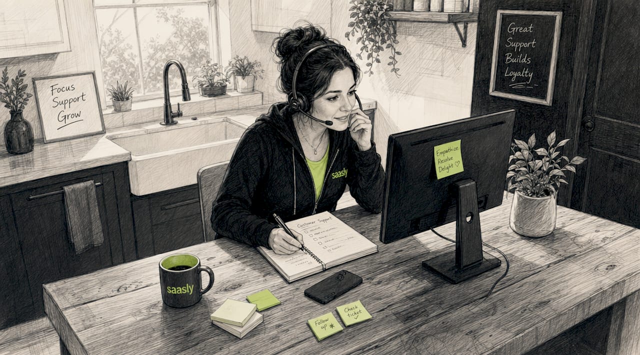 Woman working in home office handling SaaS support