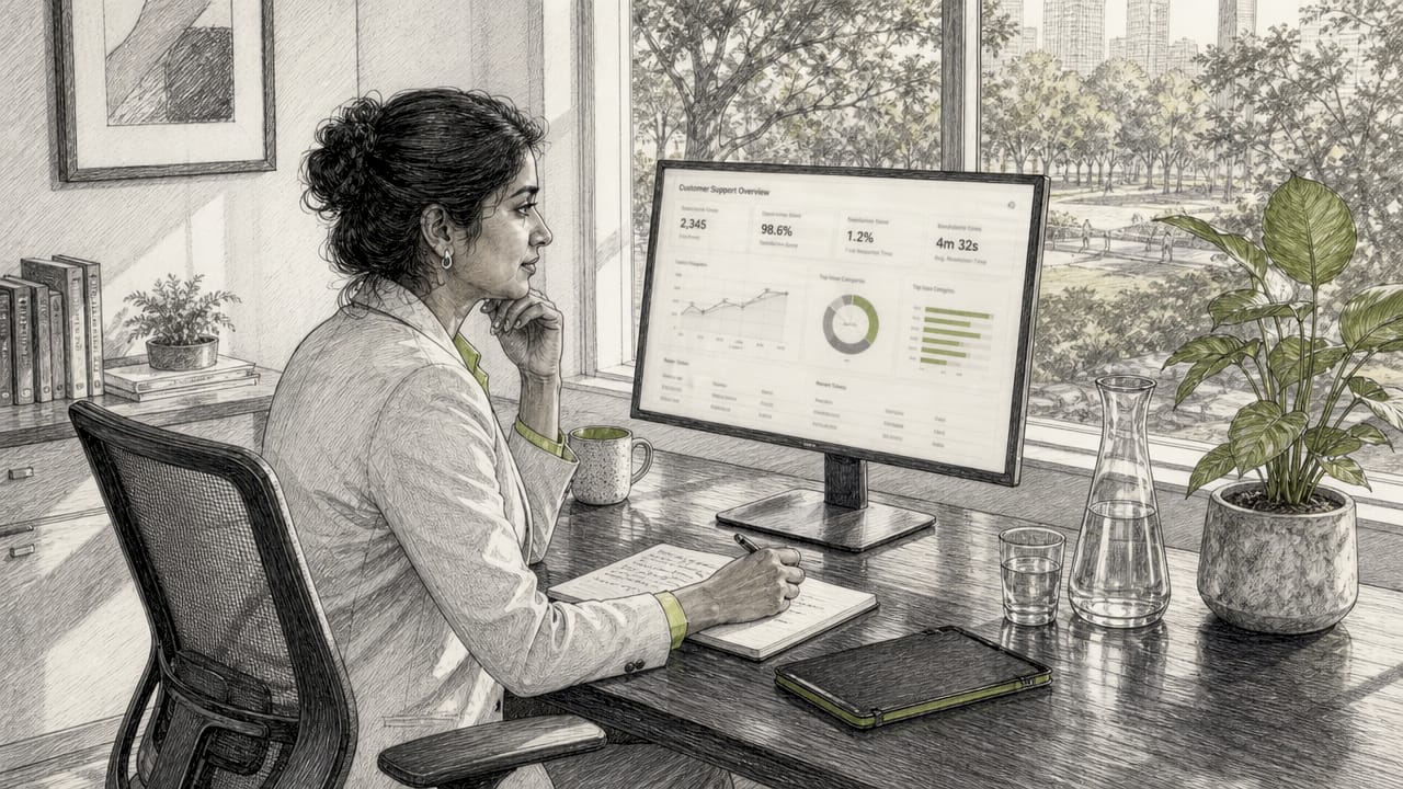 Woman analyzing AI support analytics at desk