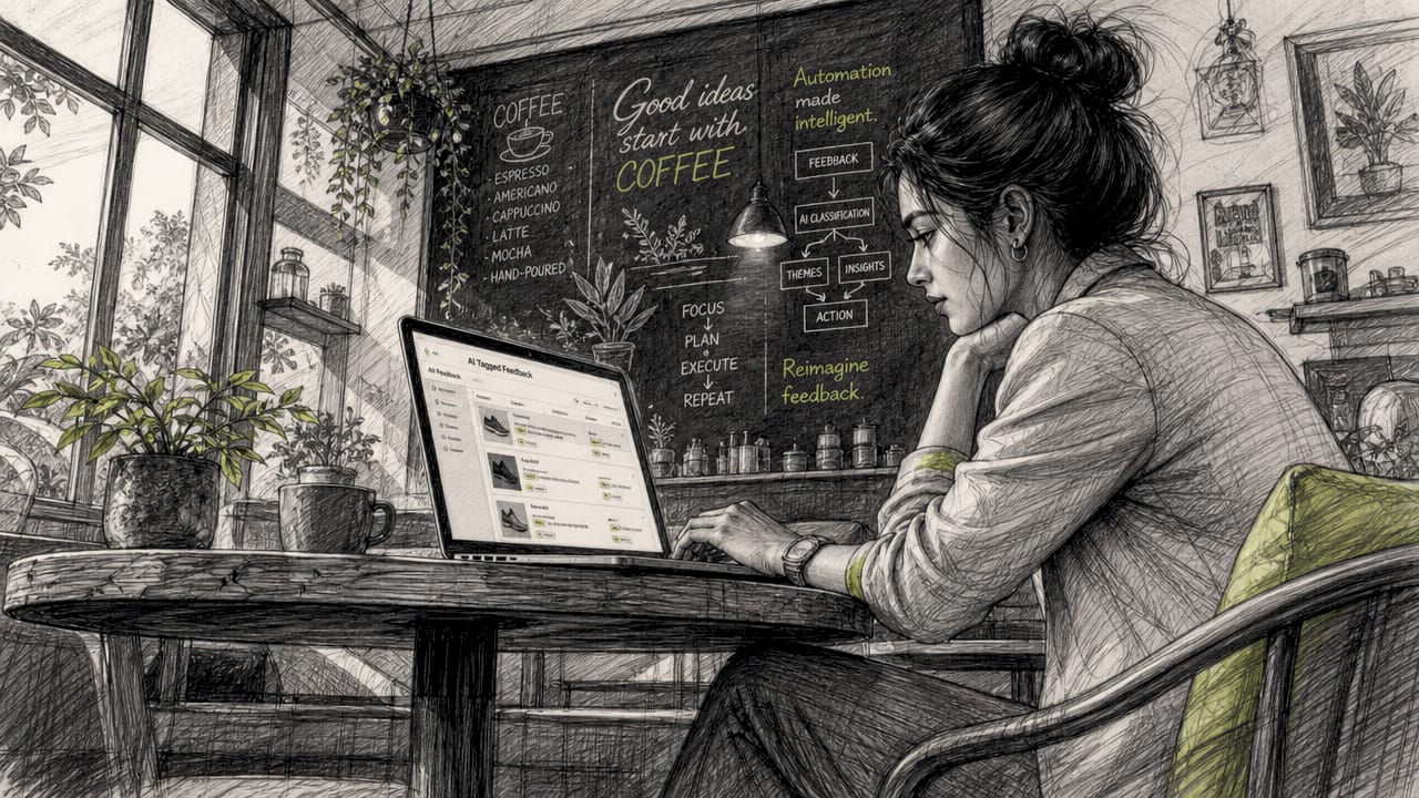 Person working on AI feedback tagging laptop