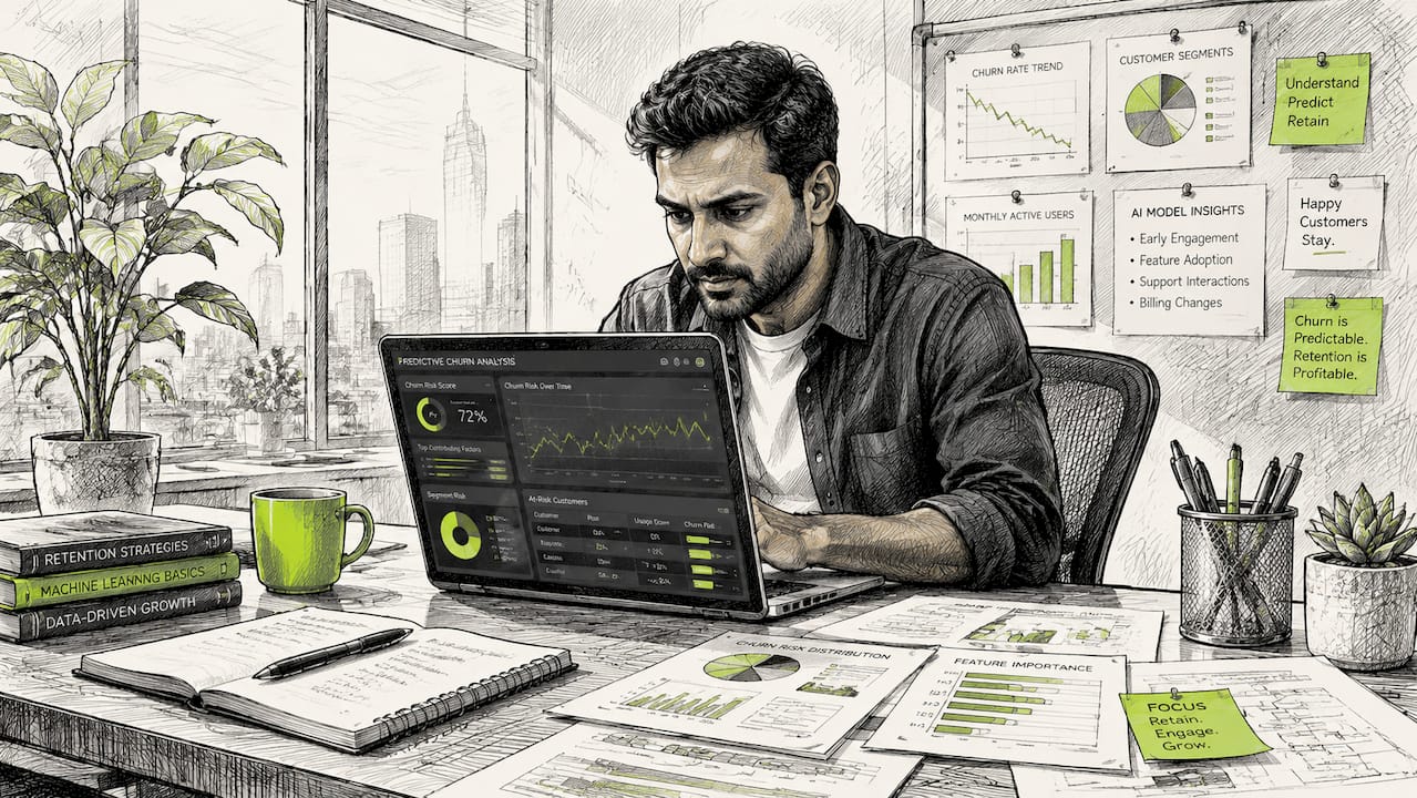 Data analyst reviewing AI churn prediction data
