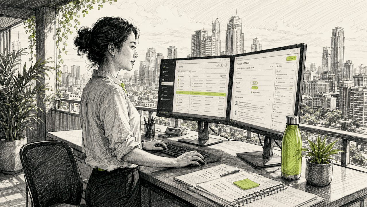 Woman working on AI ticket system at desk