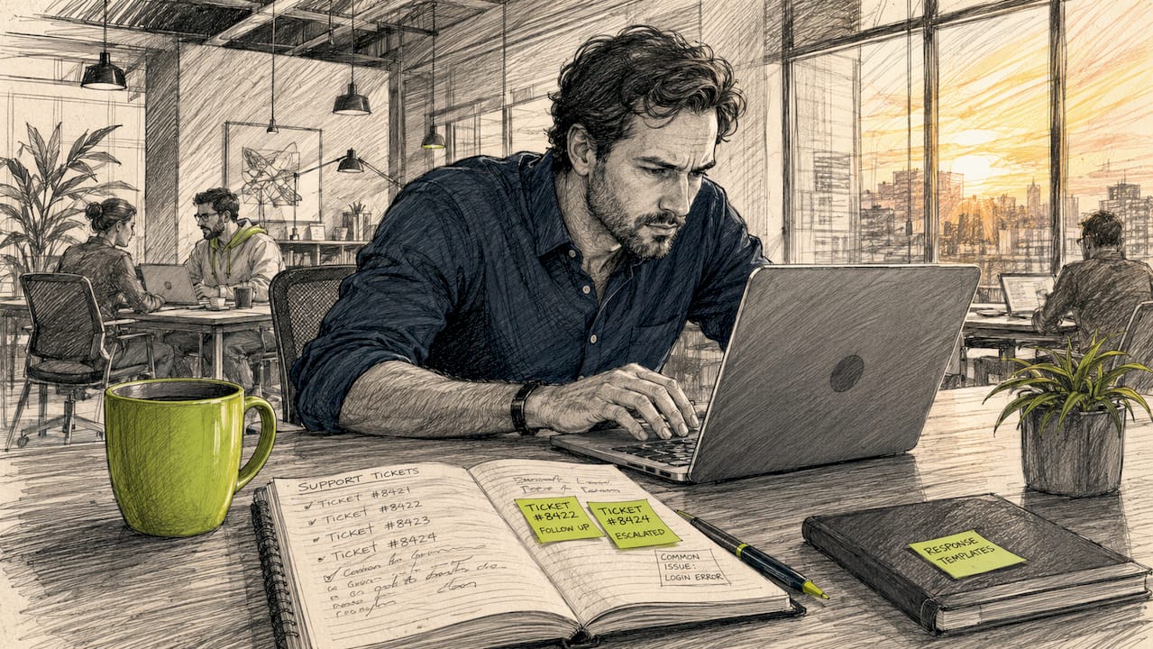 Developer at home office typing support responses