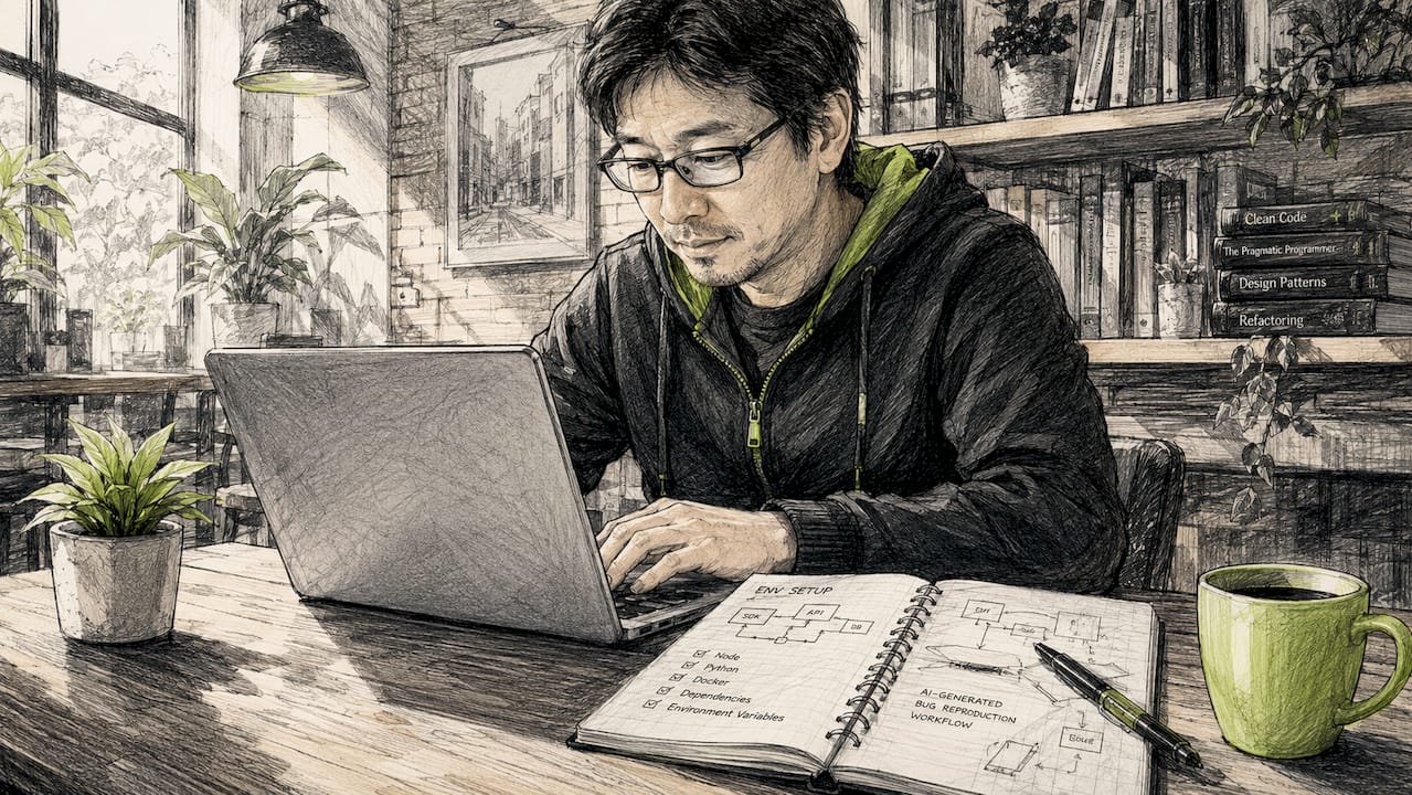 Engineer reviewing bug environment setup at desk