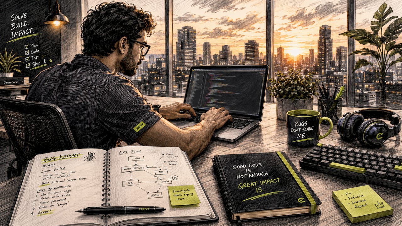 Developer typing bug reports on laptop