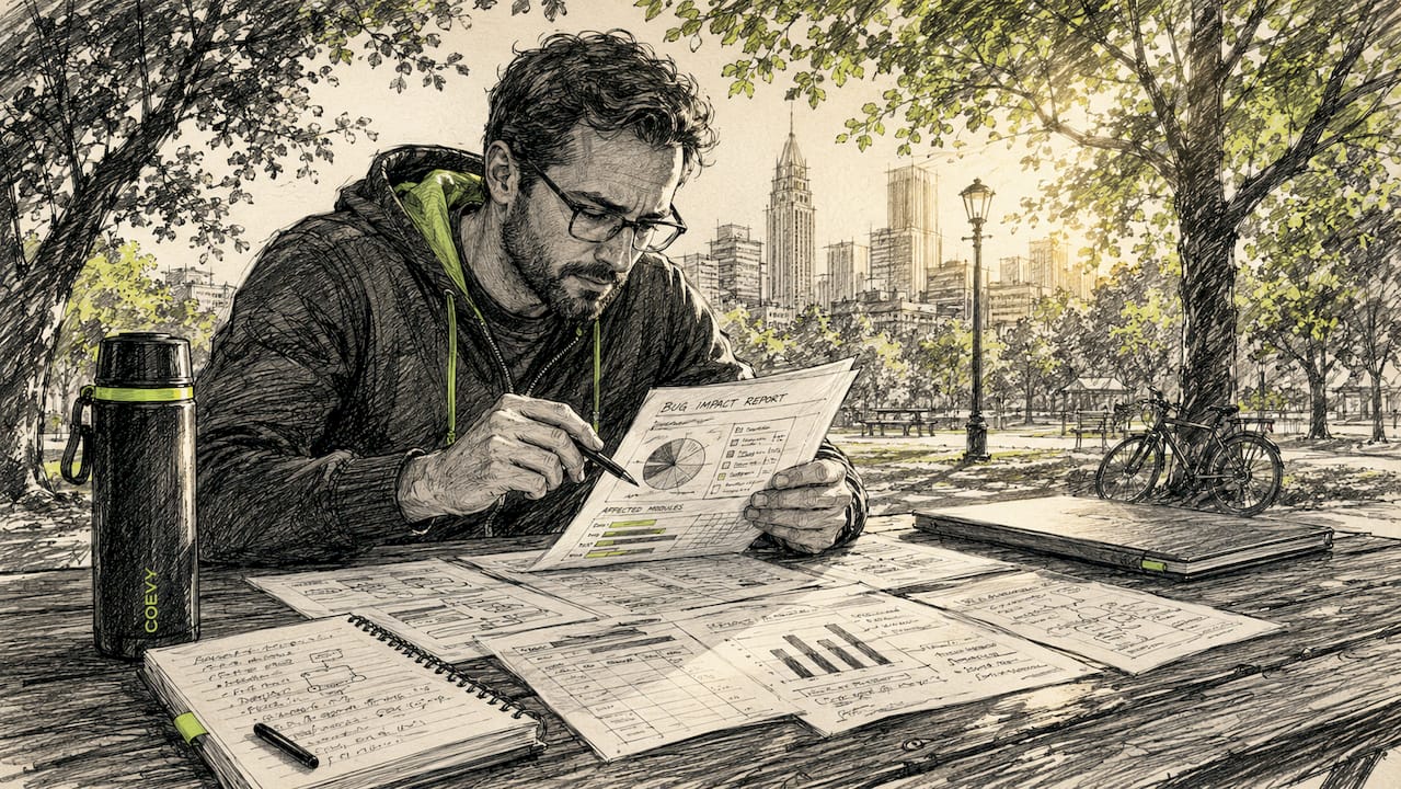 Developer analyzing bug reports in office