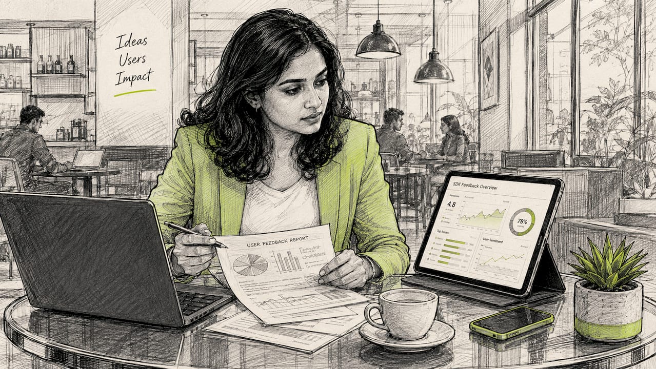 Product manager reviewing feedback reports at desk