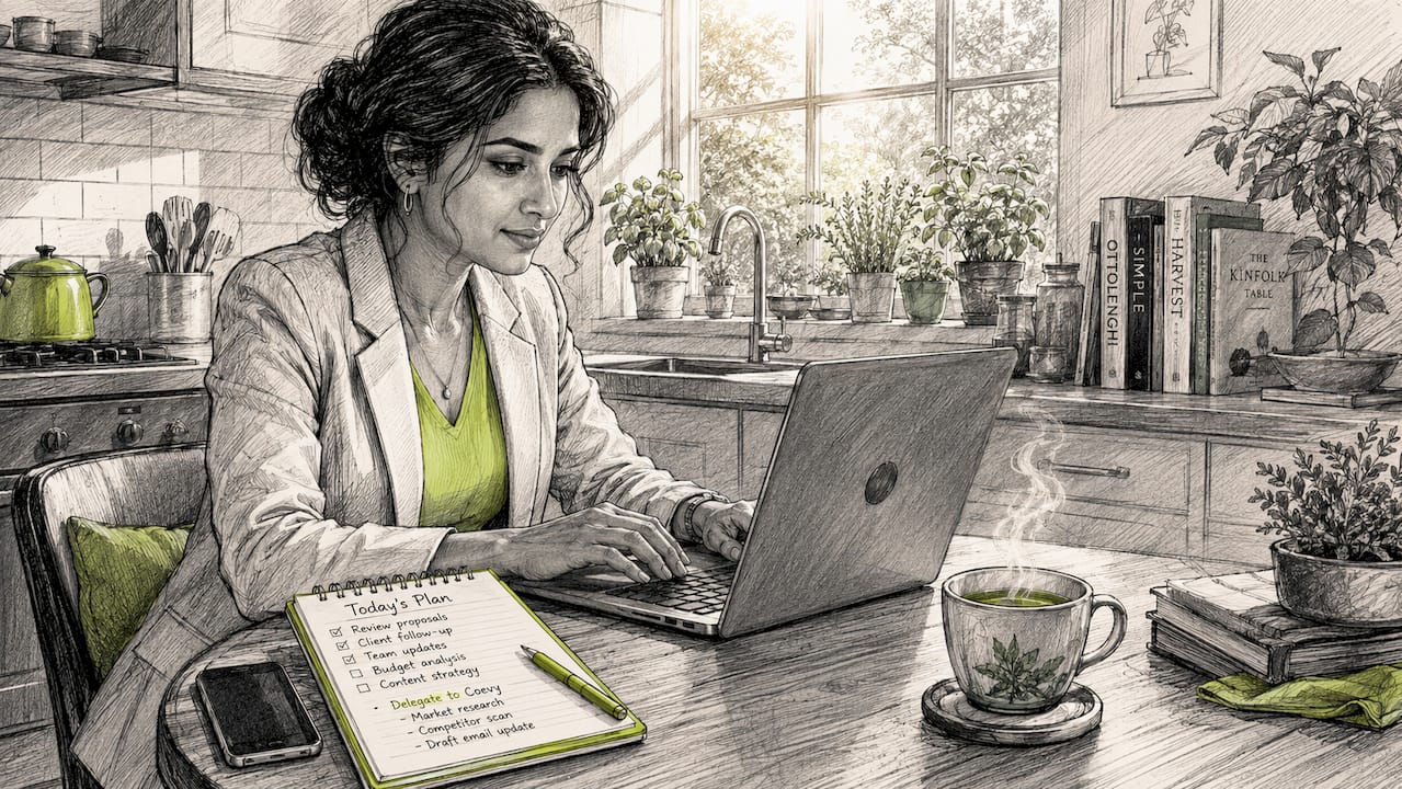 Founder delegating tasks to AI assistant at desk
