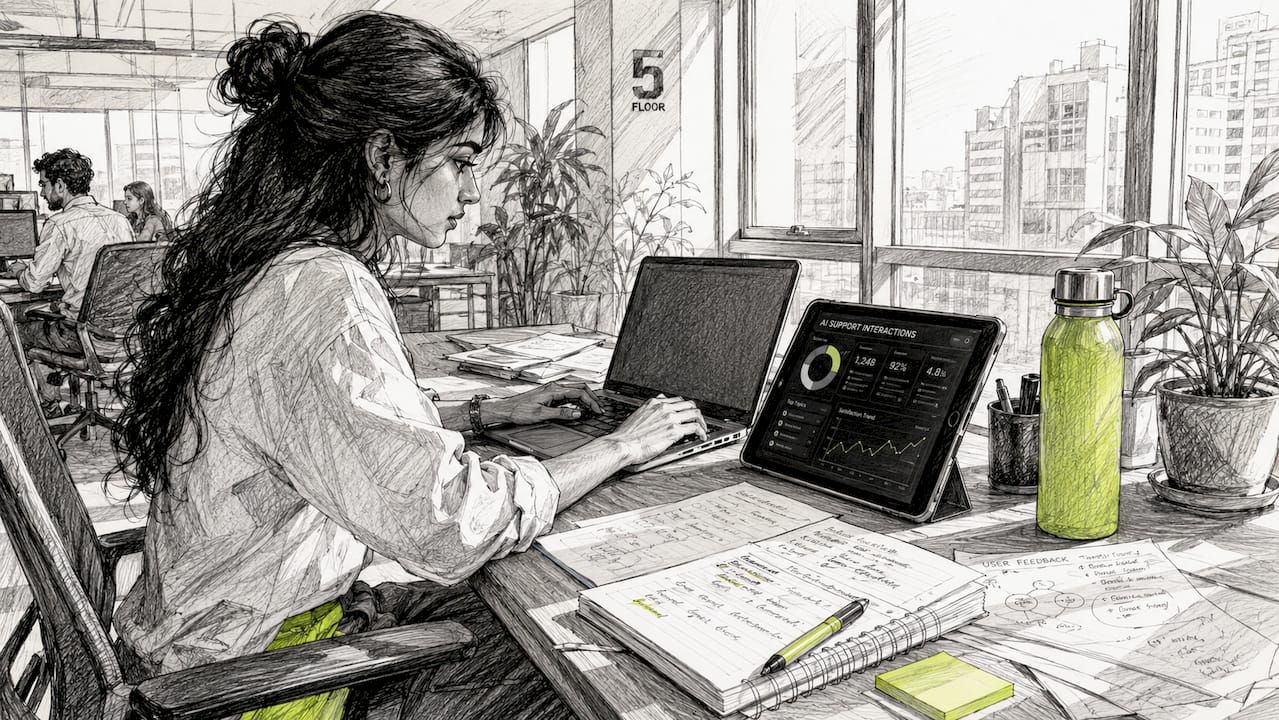 Young woman using in-app AI support in startup office