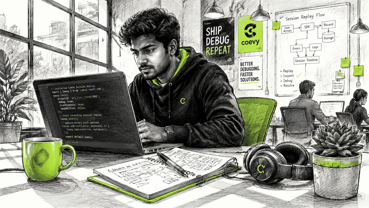 Side view of developer coding on laptop at desk
