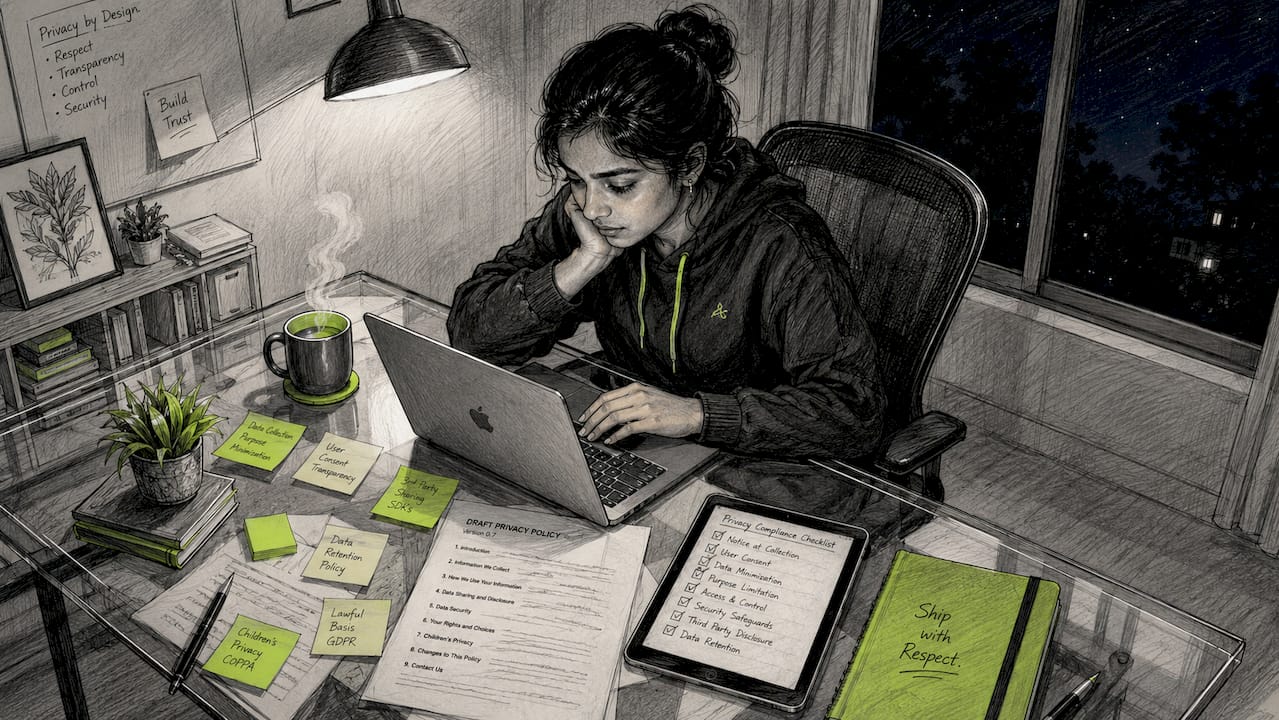 Solo developer reviewing privacy policy at desk