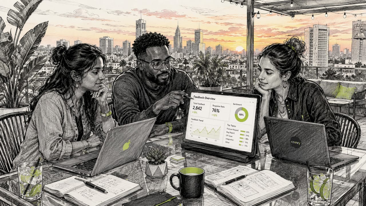 SaaS team reviewing feedback dashboard in office