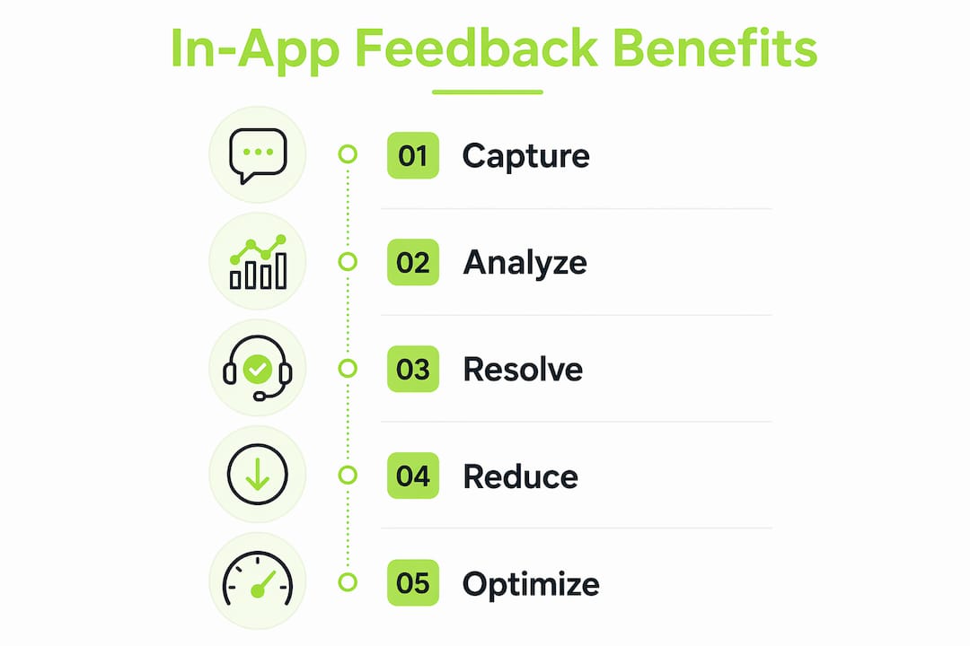 Infographic showing steps of in-app feedback impact on support load