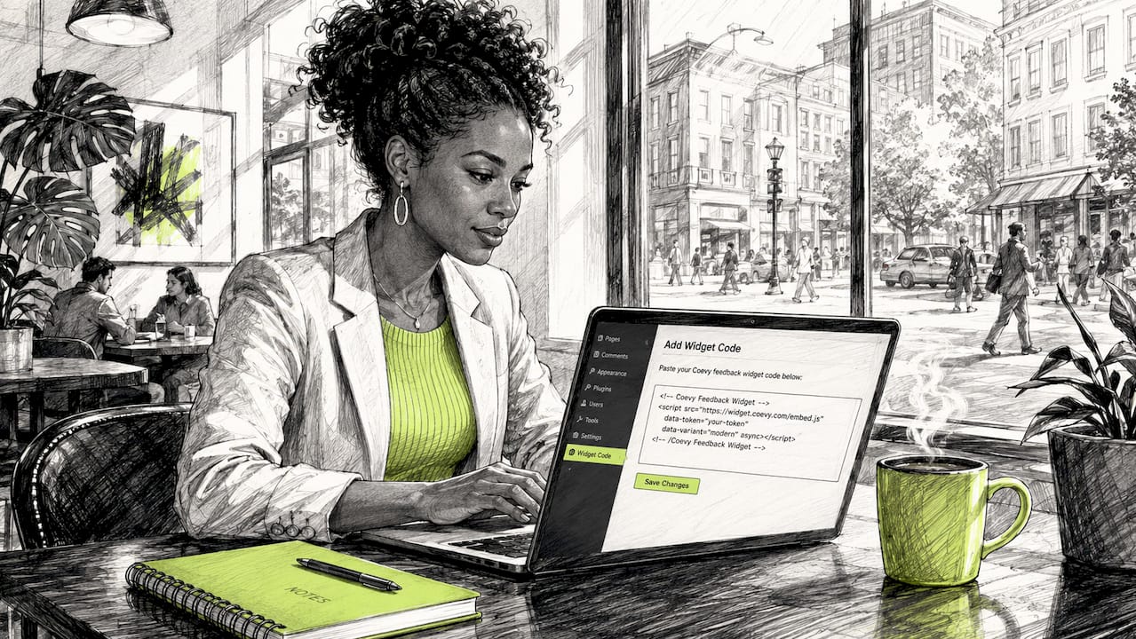Woman setting up no-code feedback widget on laptop