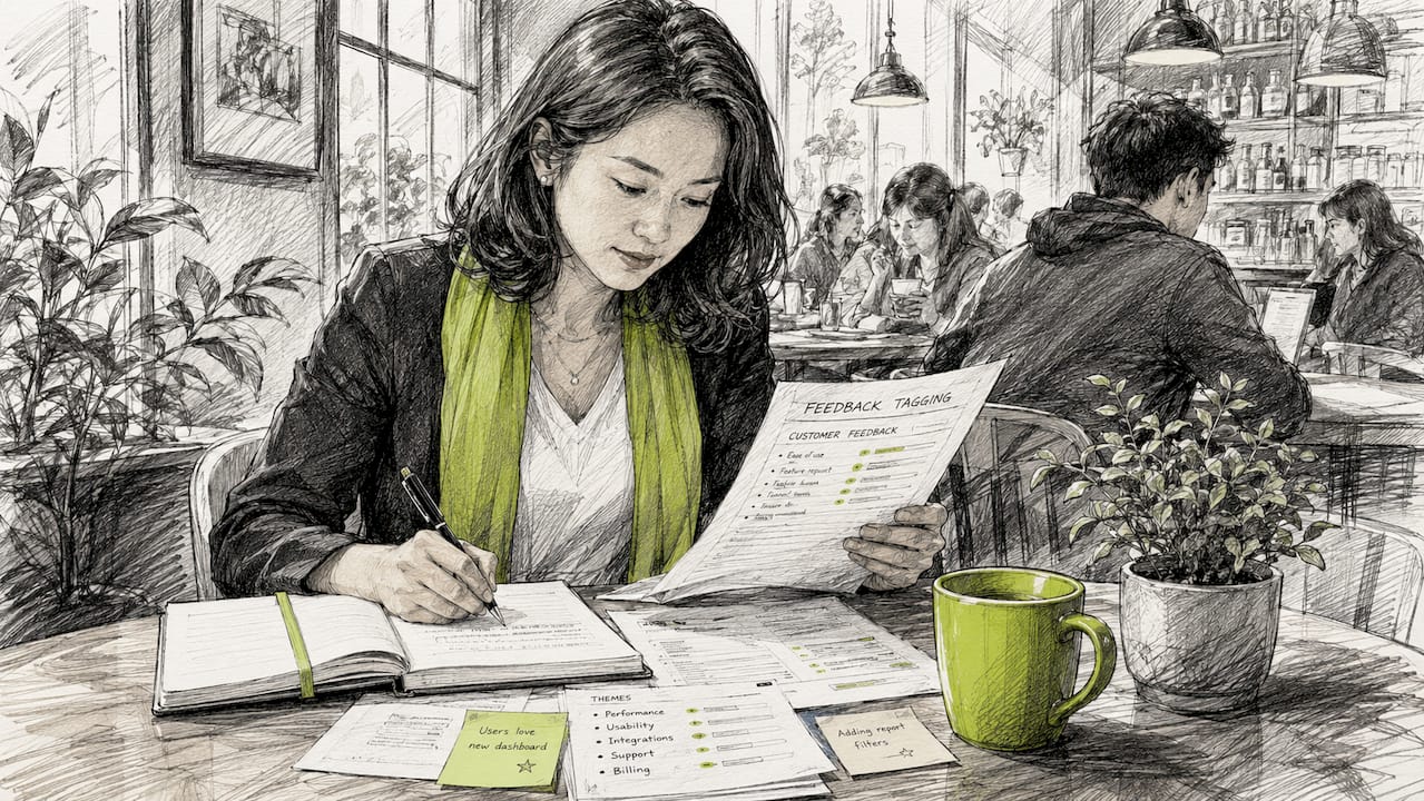 Woman reviewing and tagging feedback documents