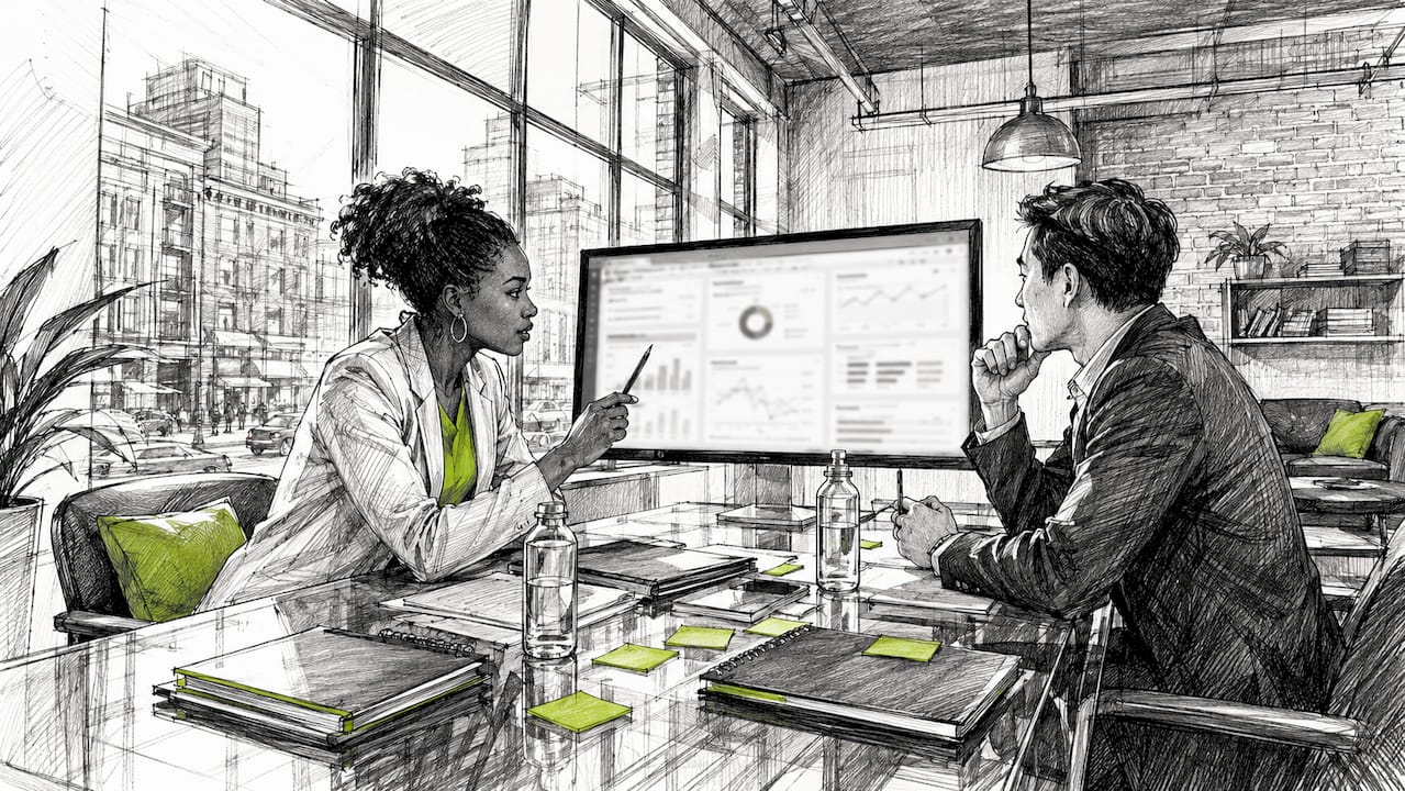 Two professionals collaborating over support dashboard