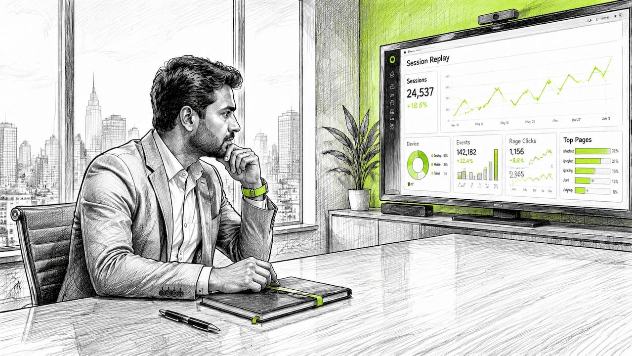 Man analyzing session replay data at office desk