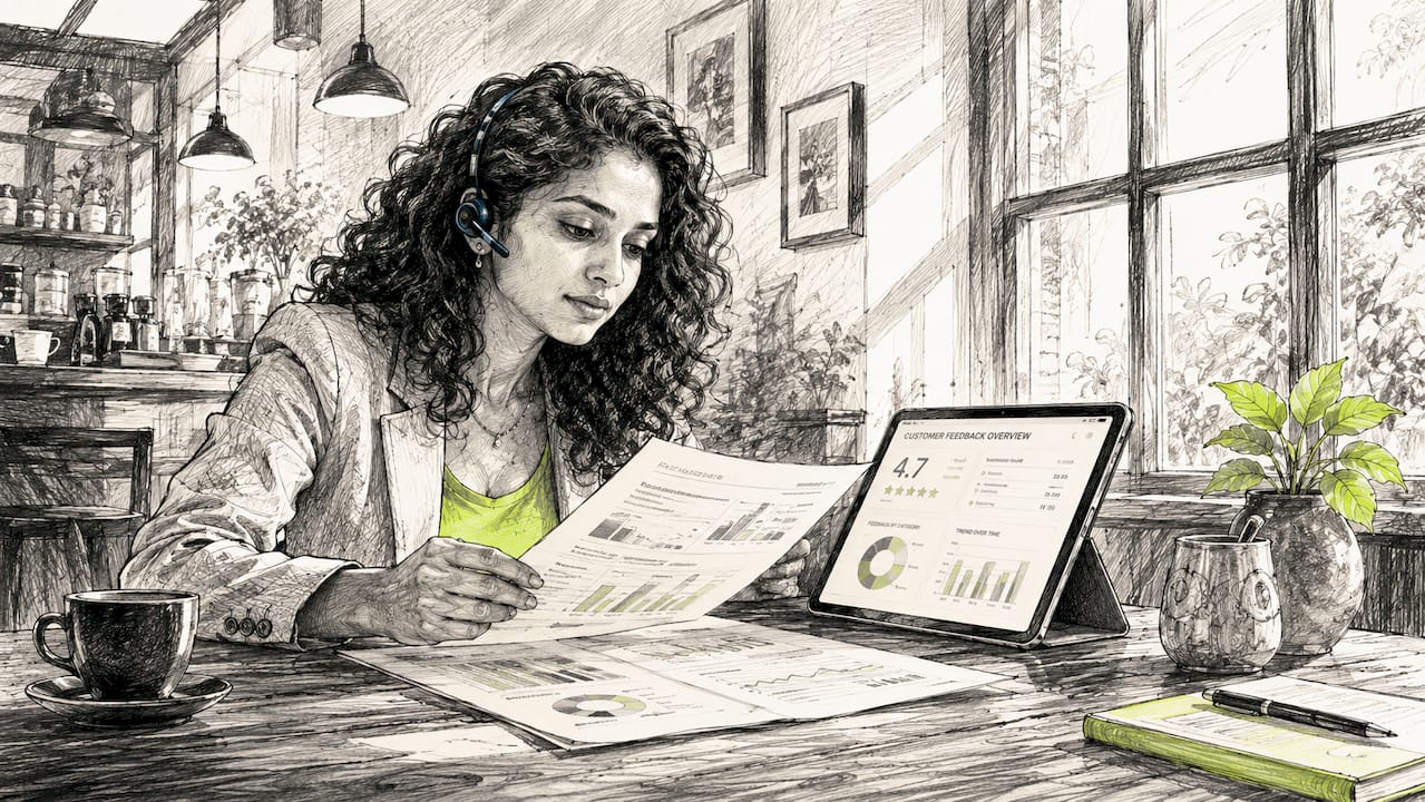 Woman reviewing customer support dashboards at desk