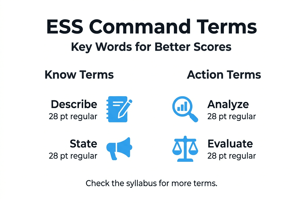 Infographic listing key ESS exam command terms