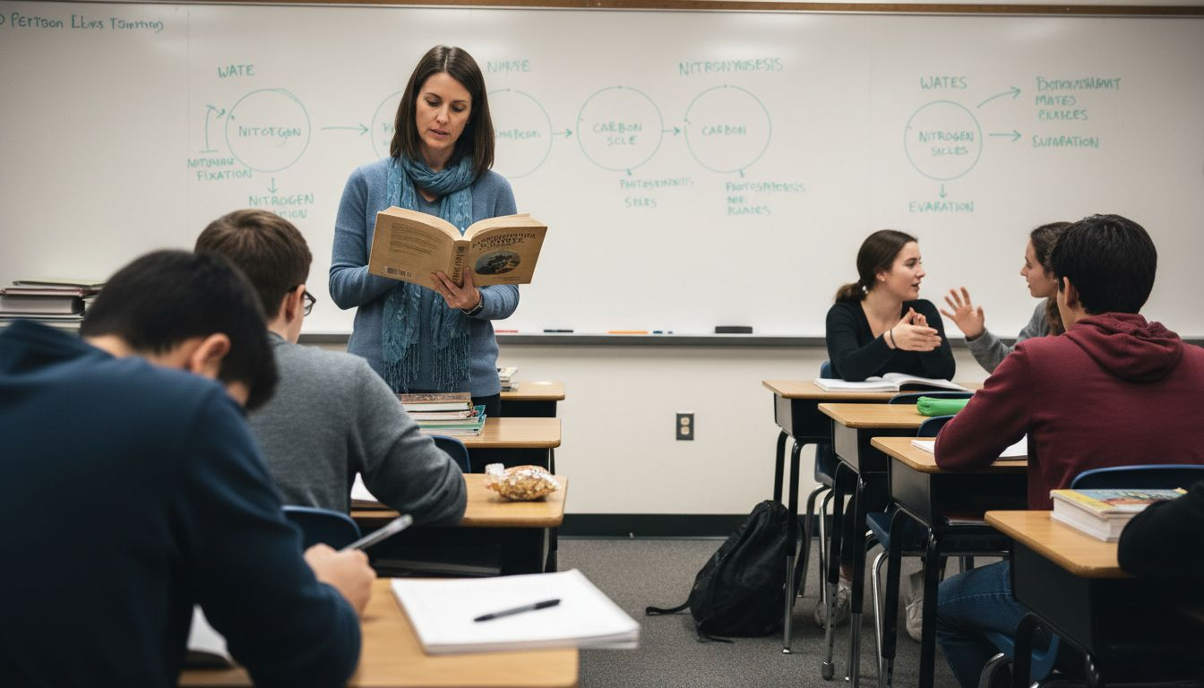 ESS classroom with teacher using textbook and notes