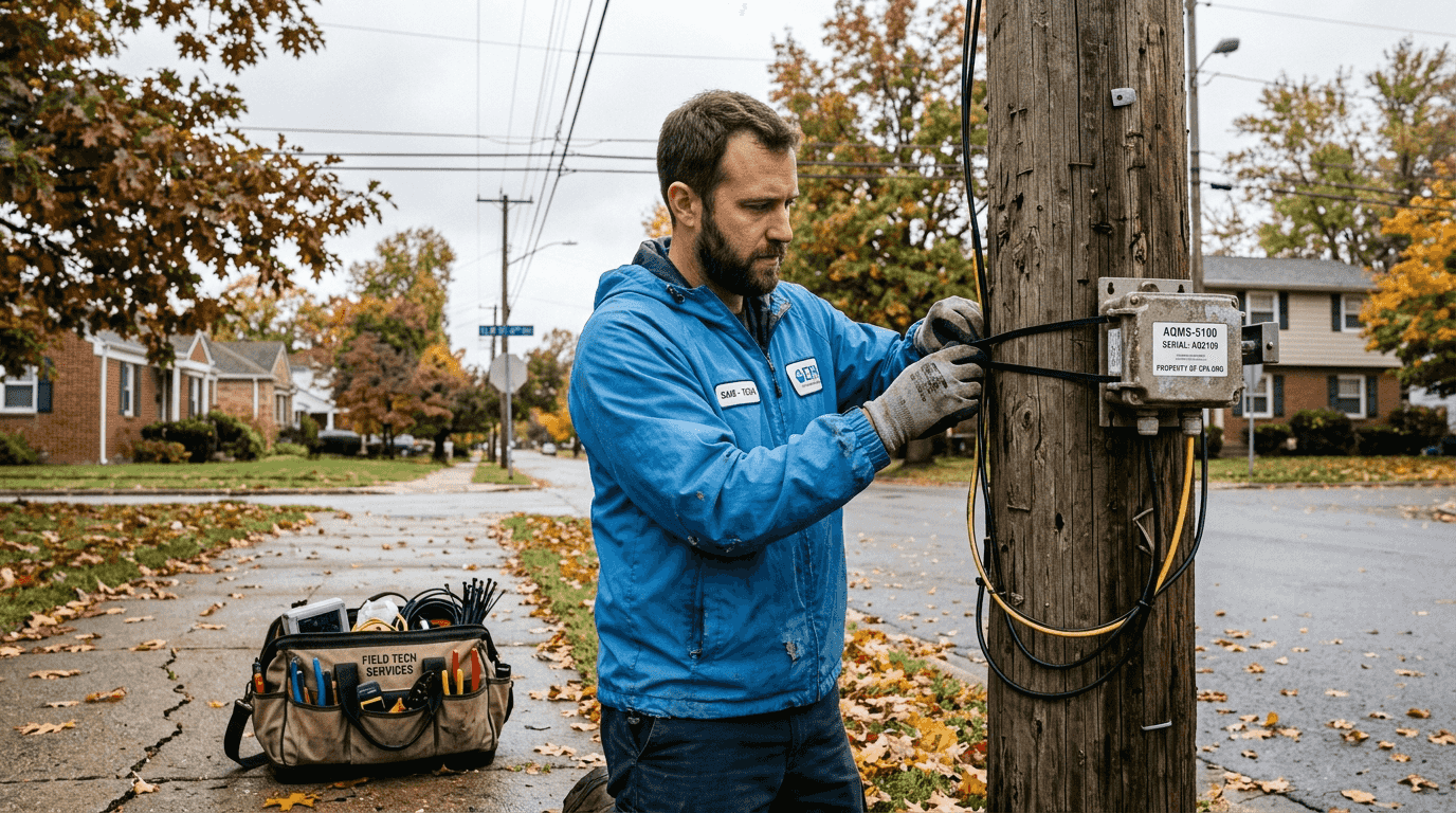 Technician installing air quality monitoring sensor