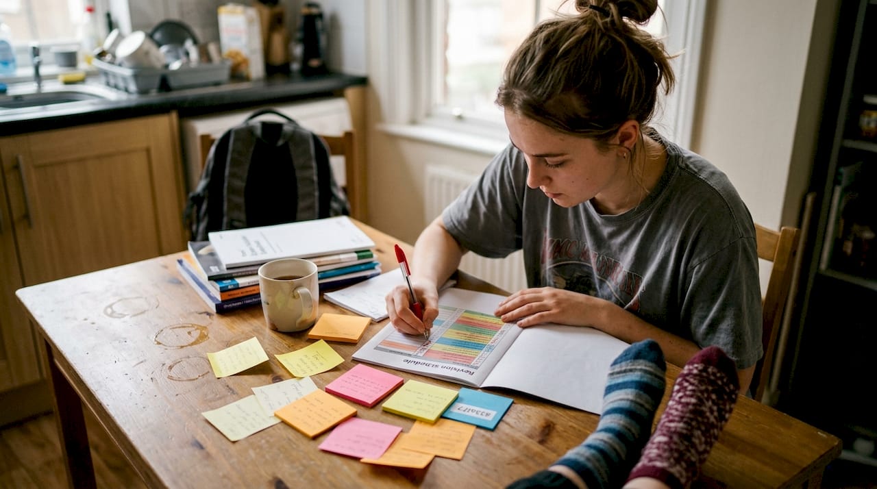 Student organizing IB exam revision materials